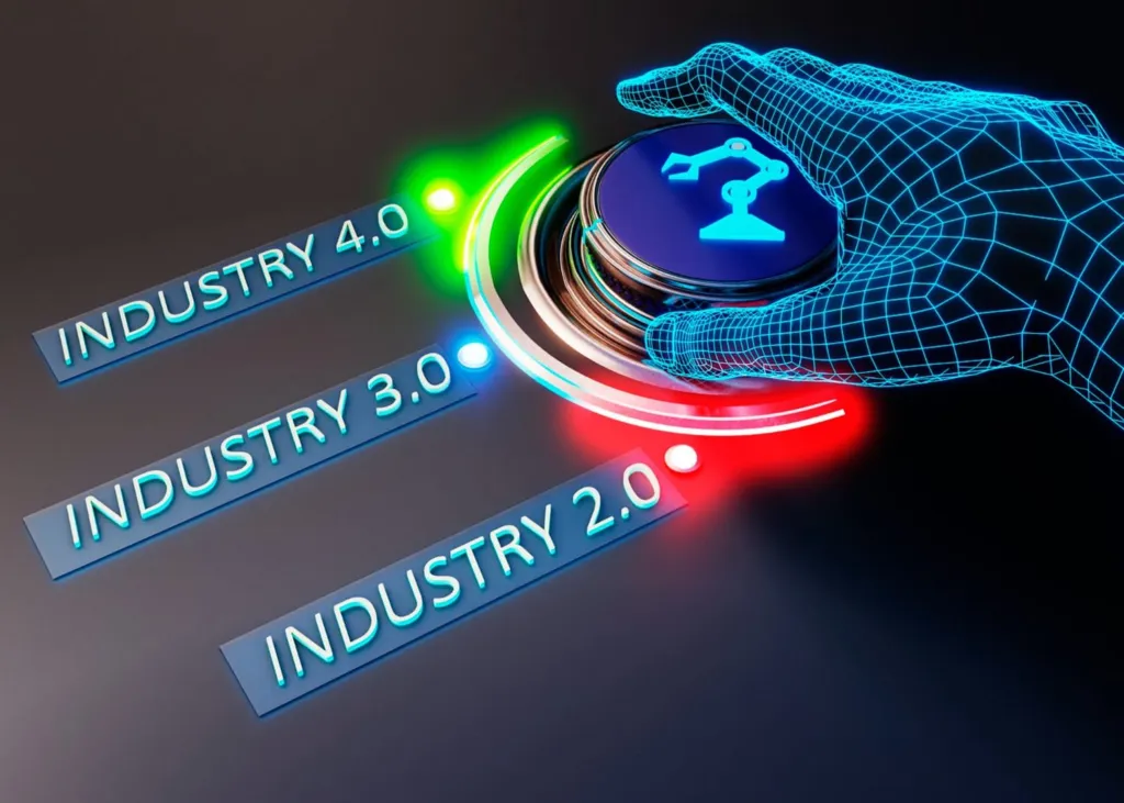 A digital hand hovers over a glowing button labeled "Industry 4.0," with "Industry 3.0" and "Industry 2.0" displayed below, representing Malaysia Tech Industry Expansion.