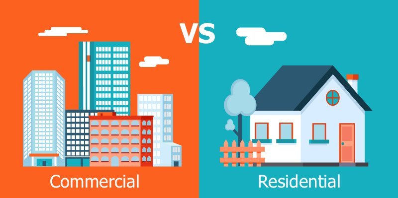 A split image contrasting commercial buildings with residential homes in Real Estate Development Malaysia, highlighting their architectural differences and purposes.