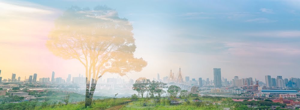 A tree in the foreground highlights the city skyline, representing Malaysia's commitment to sustainable building practices.