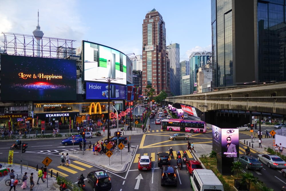 View from monorail station at Bukit Bintang in Kuala Lumpur. The station is a shopping hub in the Kuala Lumpur Golden Triangle commercial district.