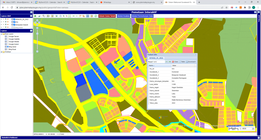 A detailed map highlighting the location of a building in relation to zoning laws in Malaysia.