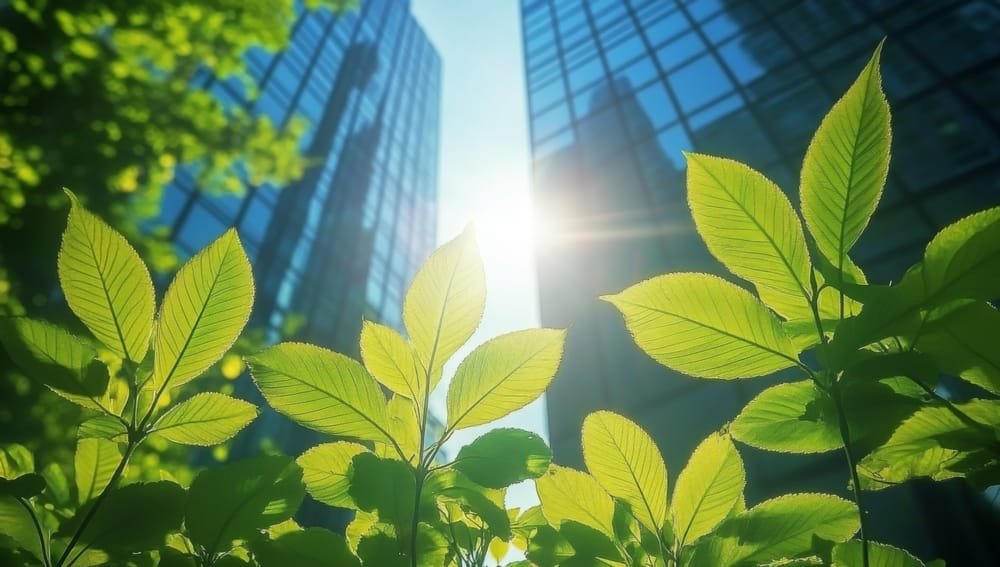 Green leaves in sunlight with blurred high-rise buildings in the background, symbolising Malaysia Green Building Projects.