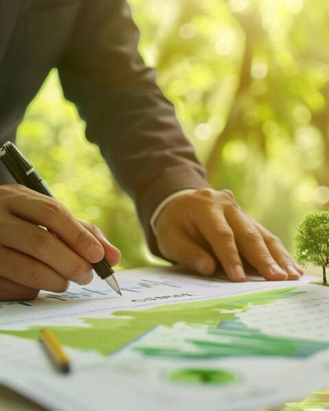 Malaysia Green Building Certifications: A business professional in a suit signs documents featuring green graphs, surrounded by miniature trees, symbolizing sustainability efforts.