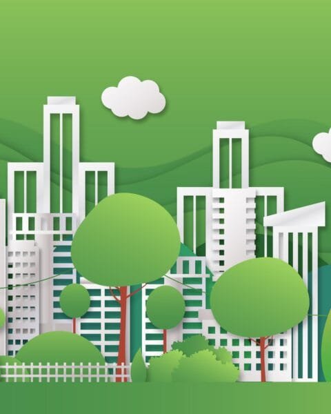 Malaysia Green Building Certifications: A vibrant green cityscape featuring modern buildings and lush trees against a hilly backdrop with white clouds in a paper cut style.